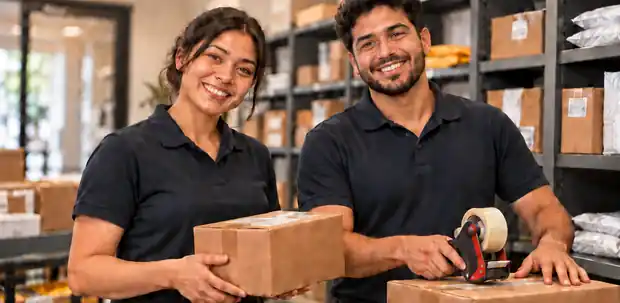 Dos encargados de paquetes preparando cajas en una bodega
