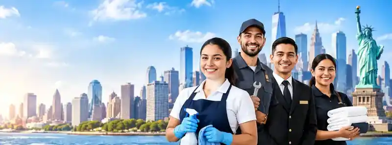 Trabajadores de limpieza, mantenimiento, conserjería y hotelería frente al horizonte de Nueva York