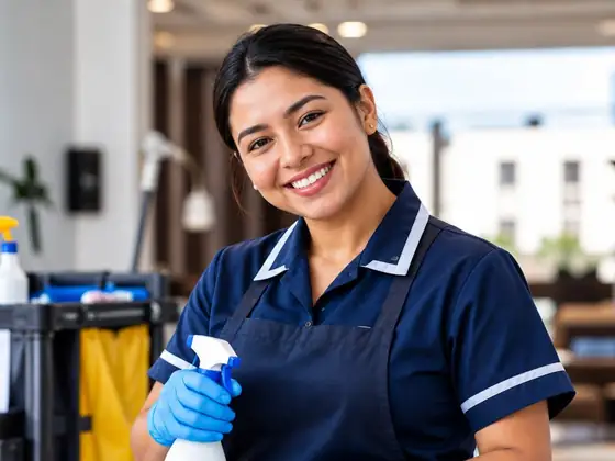 Trabajadora de limpieza sonriendo en un vestíbulo